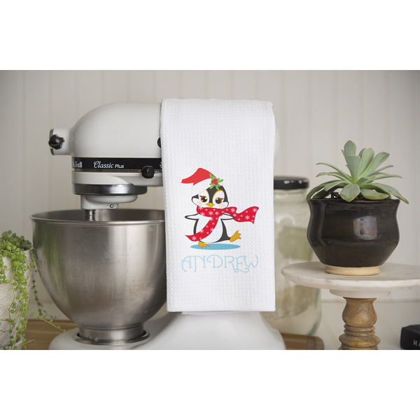 Christmas Penguins Waffle Weave Towel - Lifestyle - Partial Print