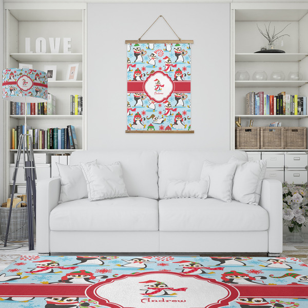 Christmas Penguins Wall Hanging Tapestry - Portrait - IN CONTEXT