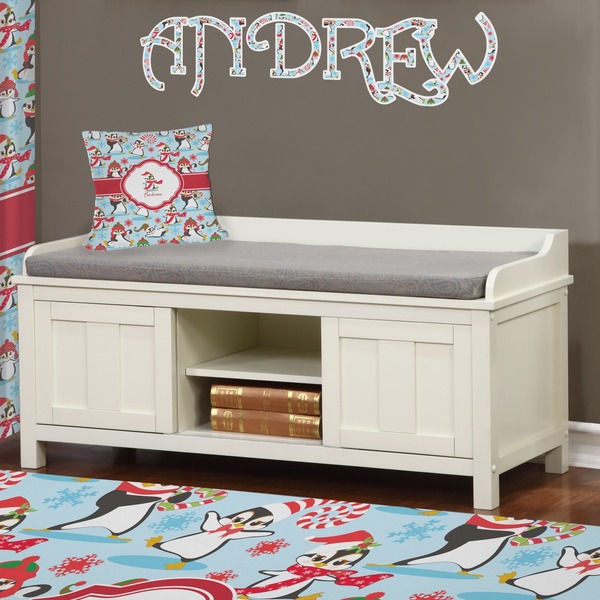 Christmas Penguins Wall Name Decal Above Storage bench