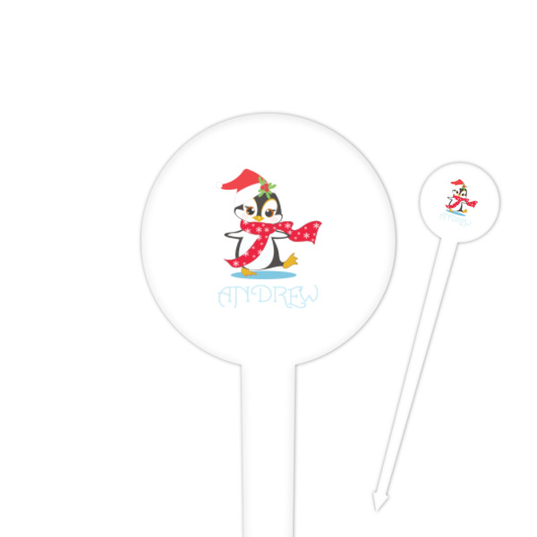 Custom Christmas Penguins 4" Round Plastic Food Picks - White - Double Sided (Personalized)