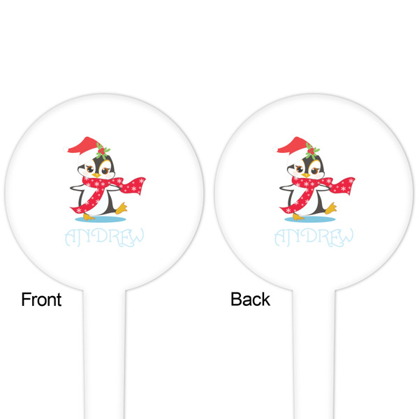 Christmas Penguins White Plastic 4" Food Pick - Round - Double Sided - Front & Back
