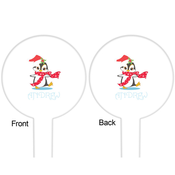 Christmas Penguins White Plastic 6" Food Pick - Round - Double Sided - Front & Back