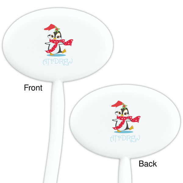 Christmas Penguins White Plastic 7" Stir Stick - Double Sided - Oval - Front & Back