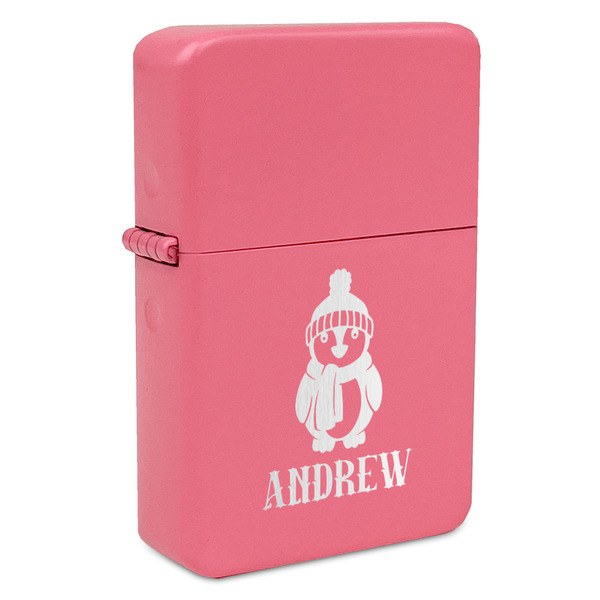 Custom Christmas Penguins Windproof Lighter - Pink - Single Sided (Personalized)