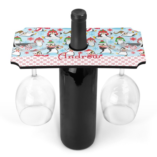 Custom Christmas Penguins Wine Bottle & Glass Holder (Personalized)