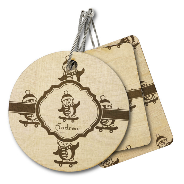 Custom Christmas Penguins Wood Luggage Tag (Personalized)