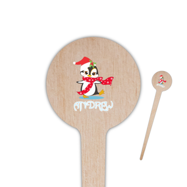 Custom Christmas Penguins 4" Round Wooden Food Picks - Double Sided (Personalized)