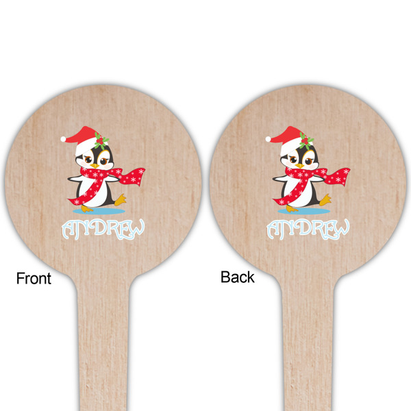 Christmas Penguins Wooden 4" Food Pick - Round - Double Sided - Front & Back