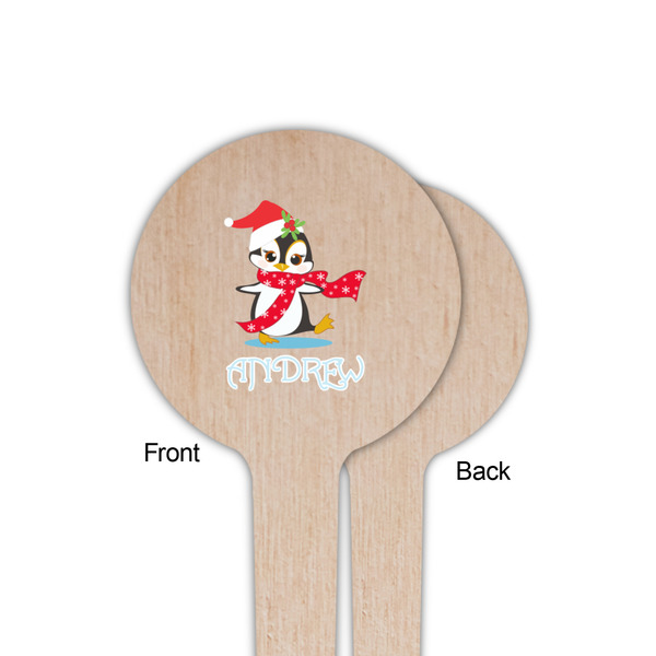 Christmas Penguins Wooden 4" Food Pick - Round - Single Sided - Front & Back
