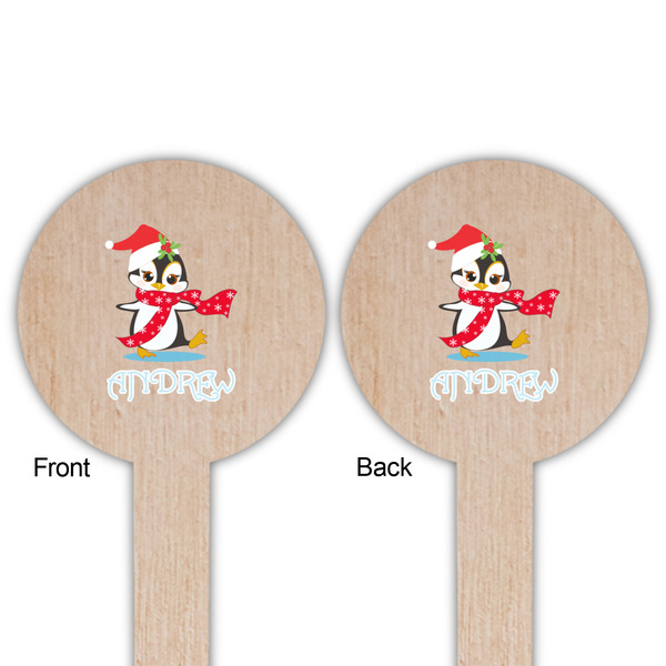 Christmas Penguins Wooden 6" Food Pick - Round - Double Sided - Front & Back