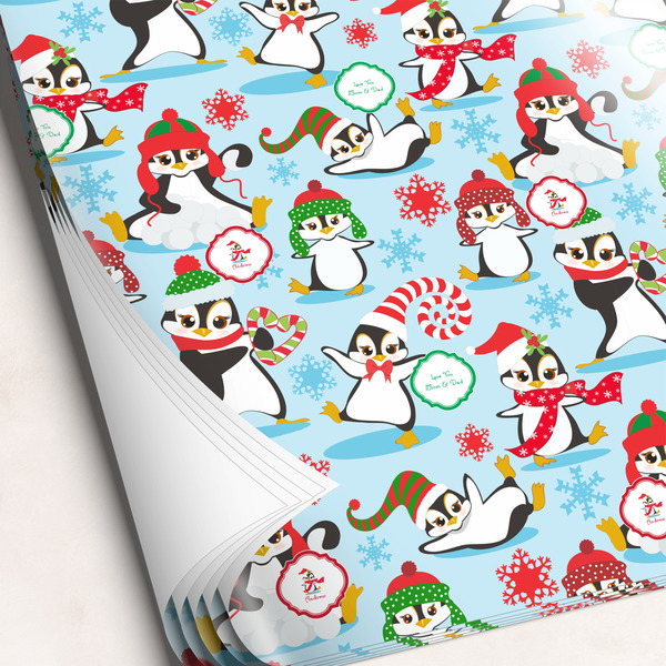 Custom Christmas Penguins Wrapping Paper Sheets - Single-Sided - 20" x 28" (Personalized)