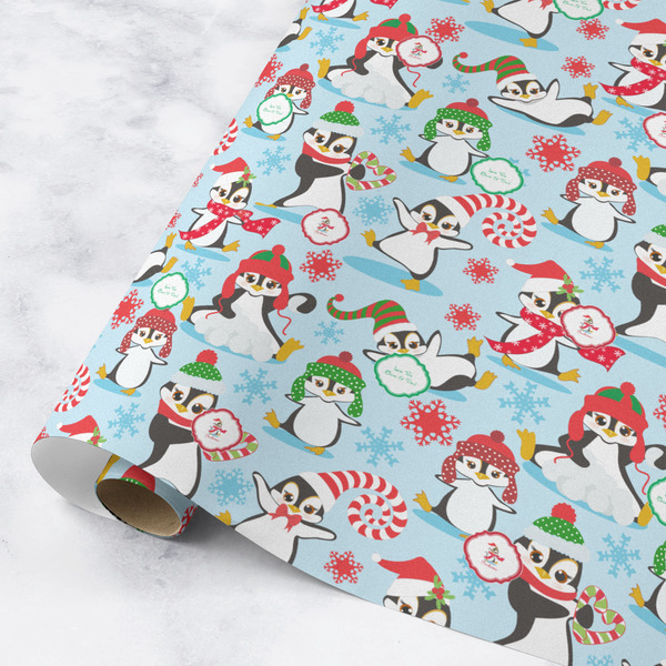 Custom Christmas Penguins Wrapping Paper Roll - Medium - Matte (Personalized)