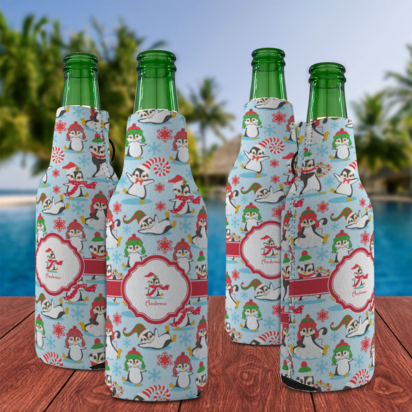 Christmas Penguins Zipper Bottle Cooler - Set of 4 - LIFESTYLE
