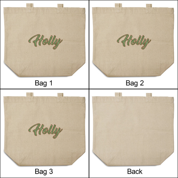Christmas Holly 3 Reusable Cotton Grocery Bags - Front & Back View