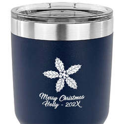 Christmas Holly 30 oz Stainless Steel Tumbler - Navy - Single Sided (Personalized)