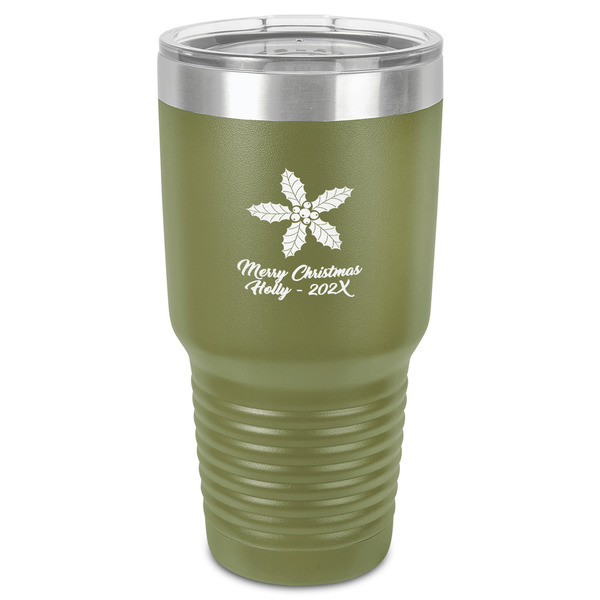 Custom Christmas Holly 30 oz Stainless Steel Tumbler - Olive - Single-Sided (Personalized)