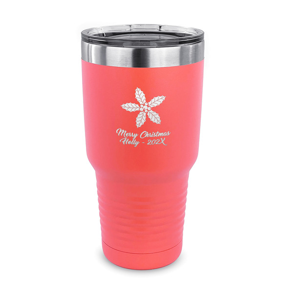 Custom Christmas Holly 30 oz Stainless Steel Tumbler - Coral - Single Sided (Personalized)