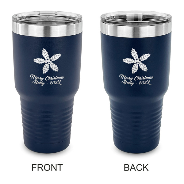 Custom Christmas Holly 30 oz Stainless Steel Tumbler - Navy - Double Sided (Personalized)