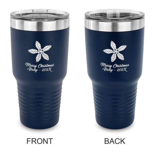 Custom Christmas Holly 30 oz Stainless Steel Tumbler - Navy - Double Sided (Personalized)