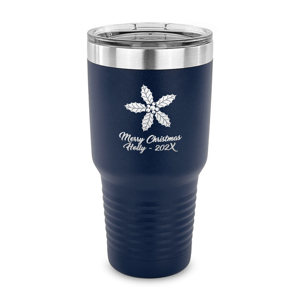 Custom Christmas Holly 30 oz Stainless Steel Tumbler - Navy - Single Sided (Personalized)