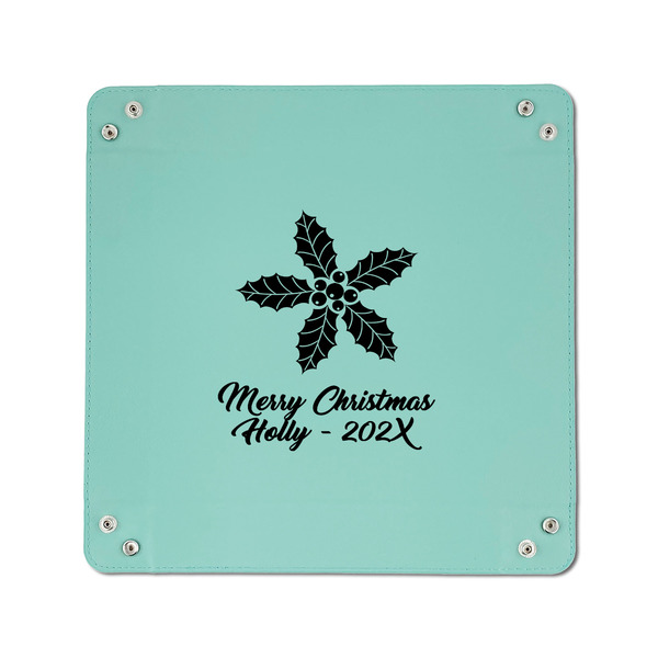 Christmas Holly 6" x 6" Teal Leatherette Snap Up Tray - APPROVAL