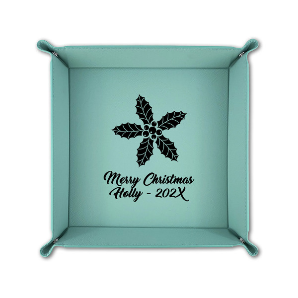 Christmas Holly 6" x 6" Teal Leatherette Snap Up Tray - FOLDED UP