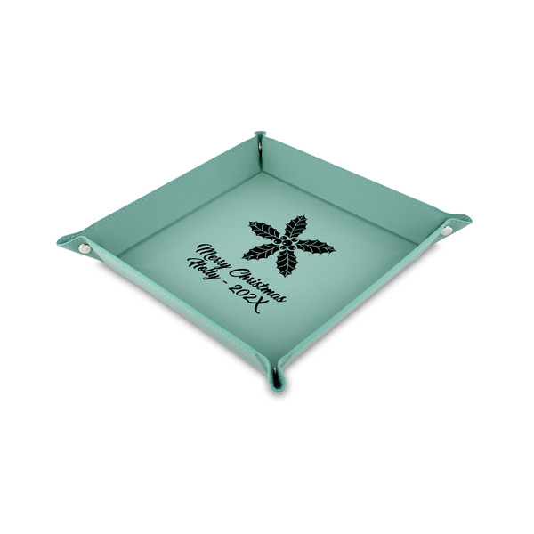 Custom Christmas Holly 6" x 6" Teal Faux Leather Valet Tray (Personalized)
