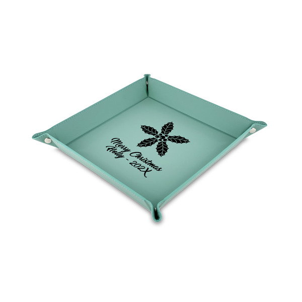 Custom Christmas Holly Faux Leather Dice Tray - 6" x 6" - Teal (Personalized)