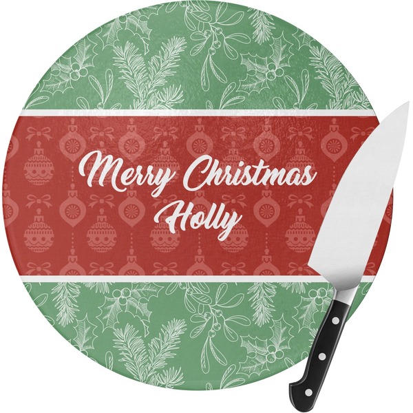 Custom Christmas Holly Round Glass Cutting Board - Small (Personalized)