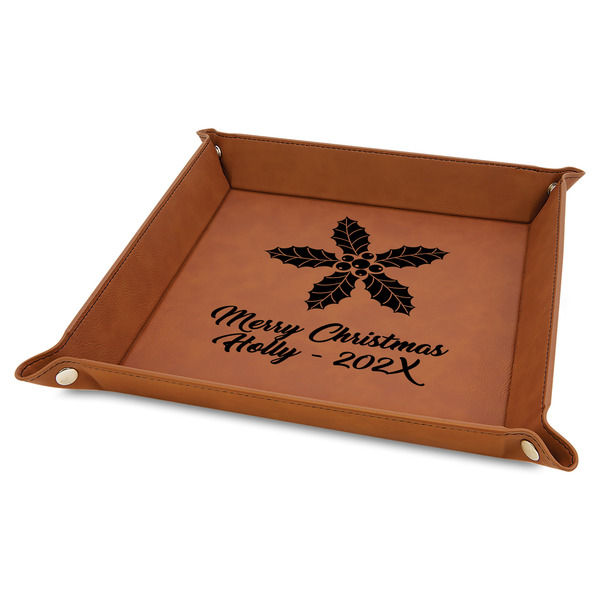 Custom Christmas Holly 9" x 9" Faux Leather Valet Tray w/ Name or Text