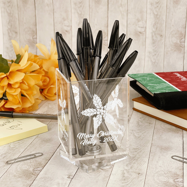 Christmas Holly Acrylic Pencil Holder - IN CONTEXT