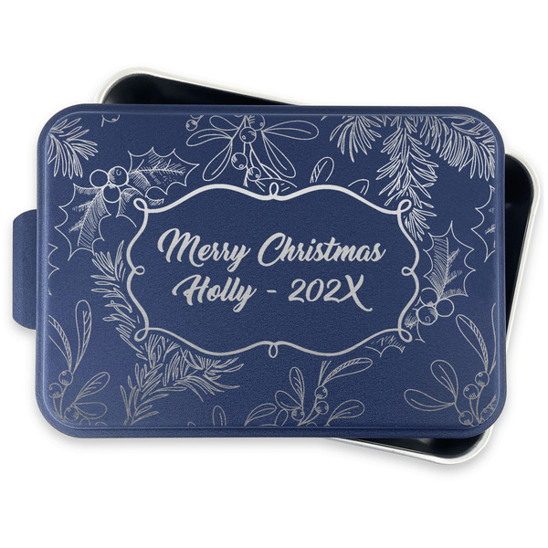 Christmas Holly Aluminum Baking Pan - Navy Lid - FRONT w/lid off