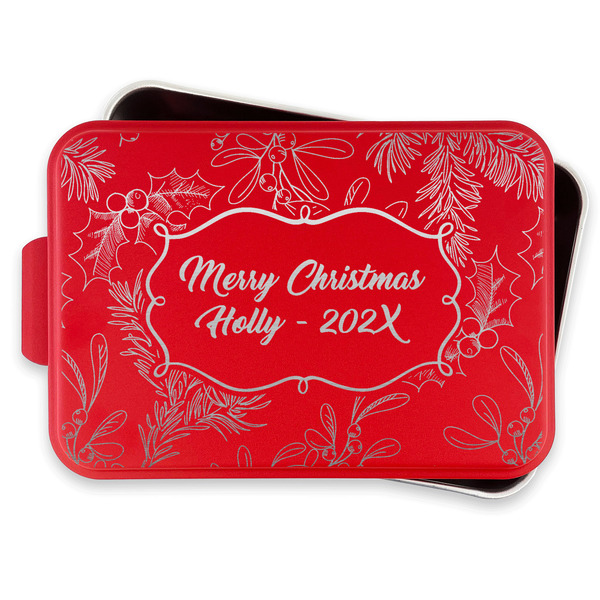 Christmas Holly Aluminum Baking Pan - Red Lid - FRONT w/lif off