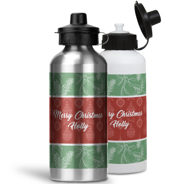 Christmas Holly Aluminum Water Bottles - MAIN (white &silver)