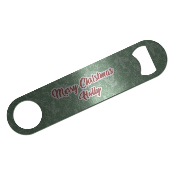 Custom Christmas Holly Bar Bottle Opener - Silver w/ Name or Text
