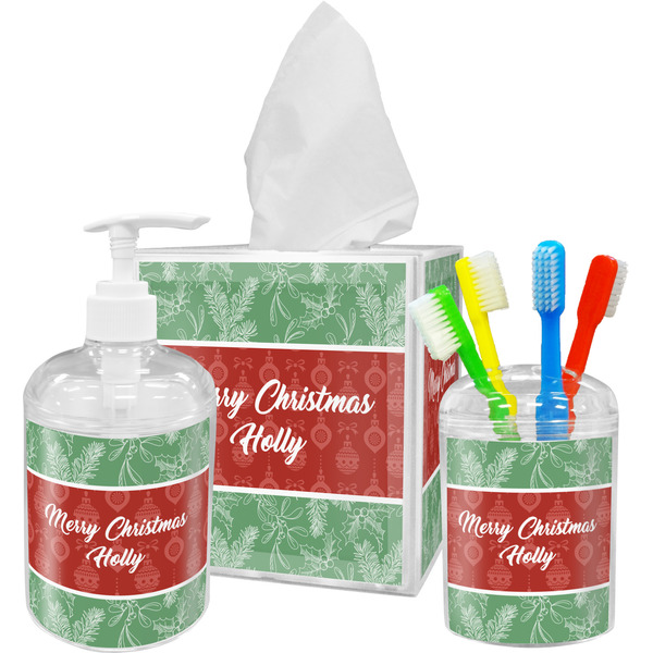 Custom Christmas Holly Acrylic Bathroom Accessories Set w/ Name or Text