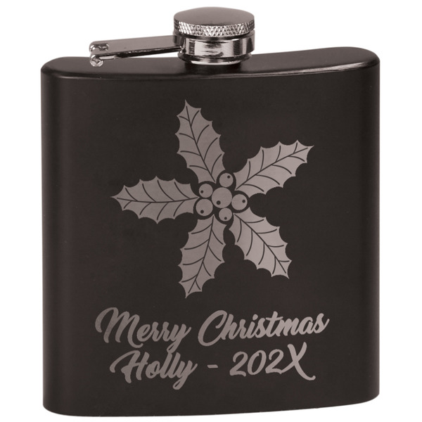 Custom Christmas Holly Black Flask Set (Personalized)