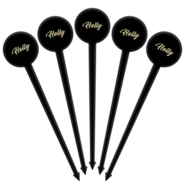 Christmas Holly Black Plastic 4" Food Pick - Round - Fan View