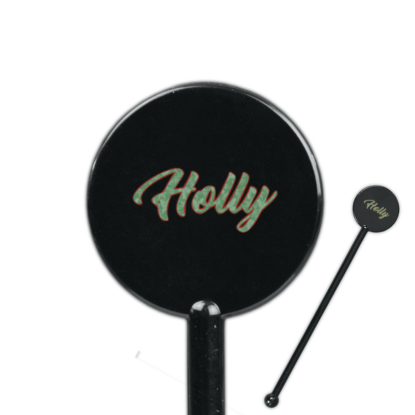 Custom Christmas Holly 5.5" Round Plastic Stir Sticks - Black - Double Sided (Personalized)