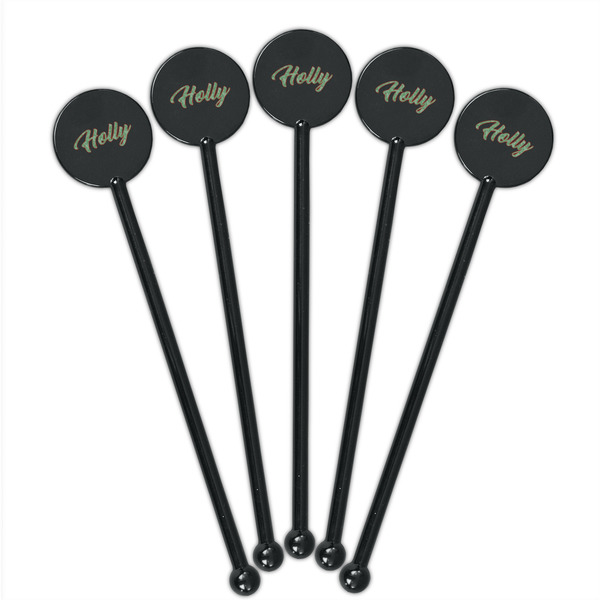 Christmas Holly Black Plastic 5.5" Stir Stick - Round - Fan View