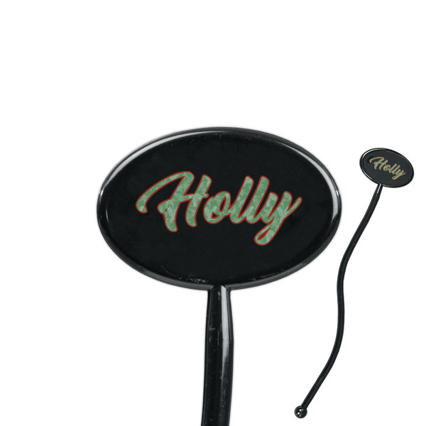 Custom Christmas Holly 7" Oval Plastic Stir Sticks - Black - Single Sided (Personalized)