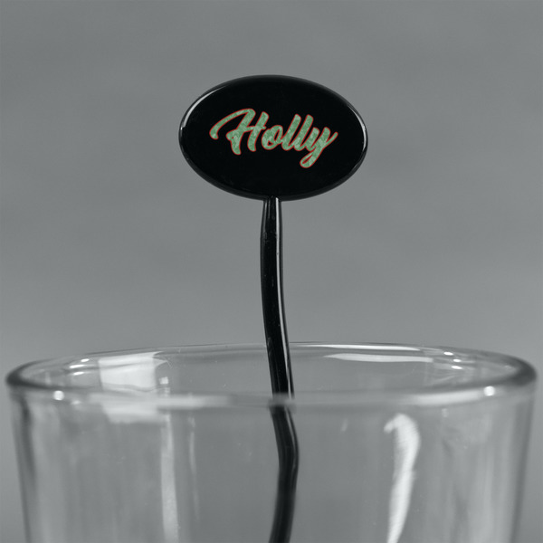 Christmas Holly Black Plastic 7" Stir Stick - Oval - Main