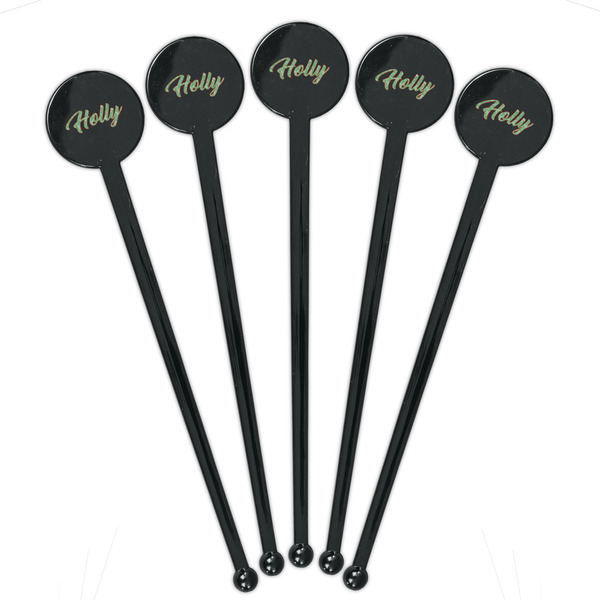Christmas Holly Black Plastic 7" Stir Stick - Round - Fan View