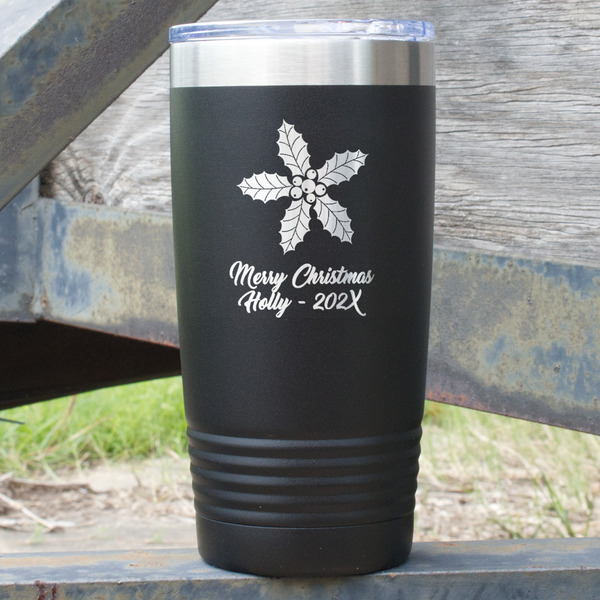 Custom Christmas Holly 20 oz Stainless Steel Tumbler - Black - Double Sided (Personalized)