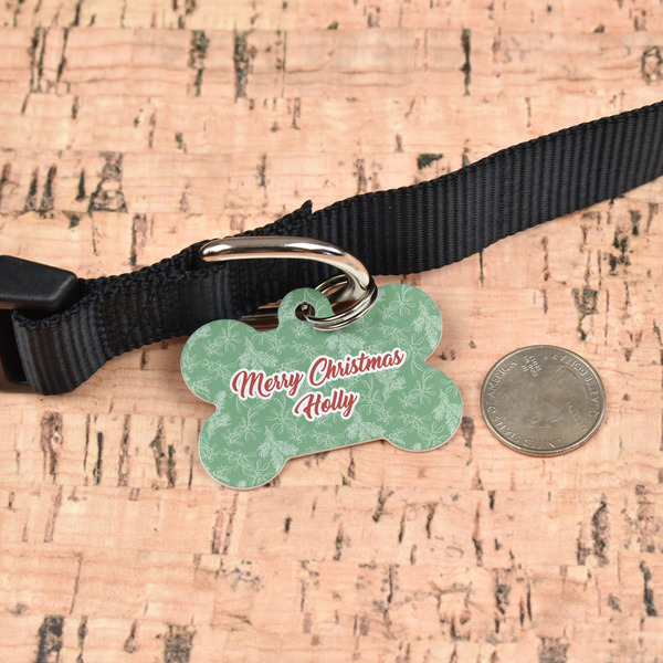 Christmas Holly Bone Shaped Dog ID Tag - Large - In Context