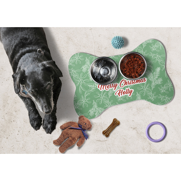 Christmas Holly Bone Shaped Mat w/ Food & Water