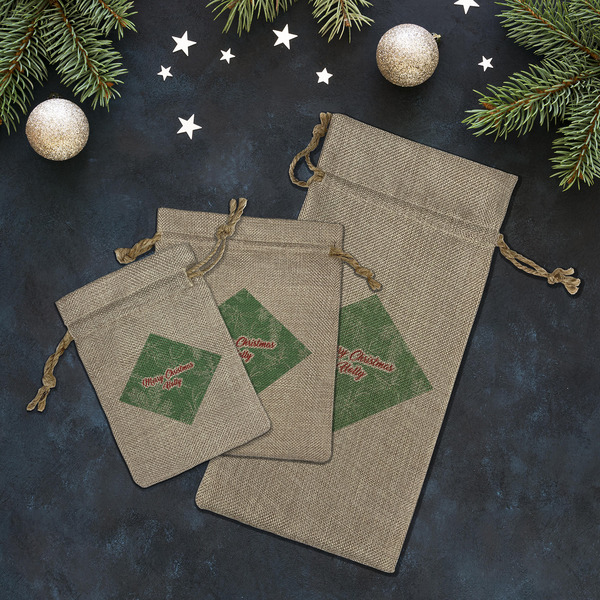 Christmas Holly Burlap Gift Bags - LIFESTYLE (Flat lay)