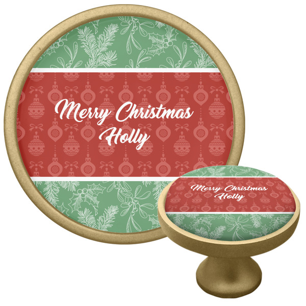 Custom Christmas Holly Cabinet Knob - Gold (Personalized)