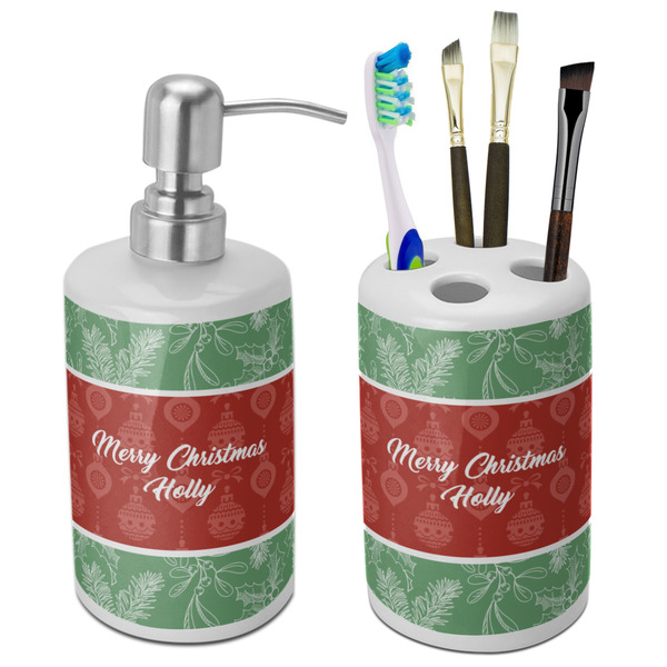 Custom Christmas Holly Ceramic Bathroom Accessories Set (Personalized)