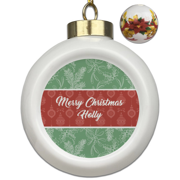 Custom Christmas Holly Ceramic Ball Ornaments - Poinsettia Garland (Personalized)